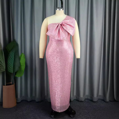 One Shoulder Diagonal Collar Sequins Formal Party Dress