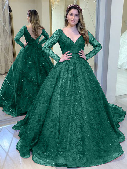 Long Sleeve Sequin Ball Gown - V-Neck A-Line Formal Evening Dress