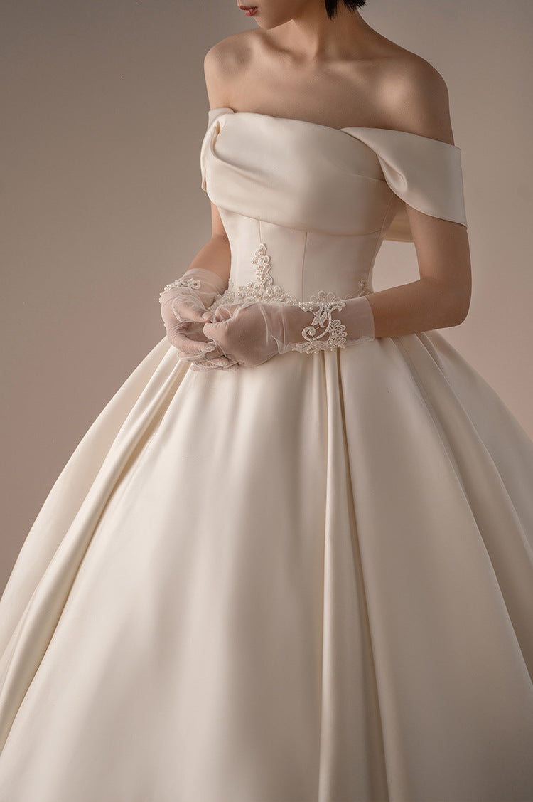 Vintage Satin Off-Shoulder Ball Gown Wedding Dress - Retro A-Line Bridal Gown.