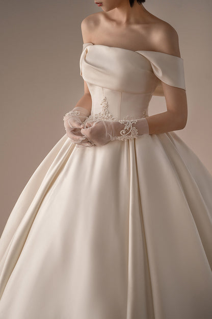 Vintage Satin Off-Shoulder Ball Gown Wedding Dress - Retro A-Line Bridal Gown.
