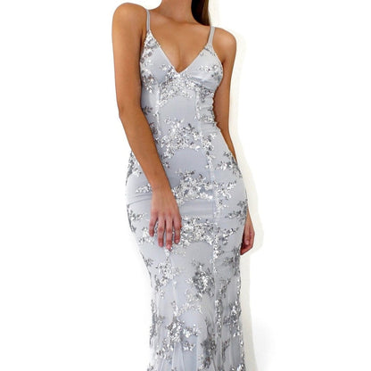 V-neck Brace Backless Sequined Long High Waist Wedding Prom Bridesmaid Maxi Dress