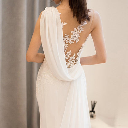 Minimalist Sheath Wedding Dress with Chiffon Shoulder Streamers.