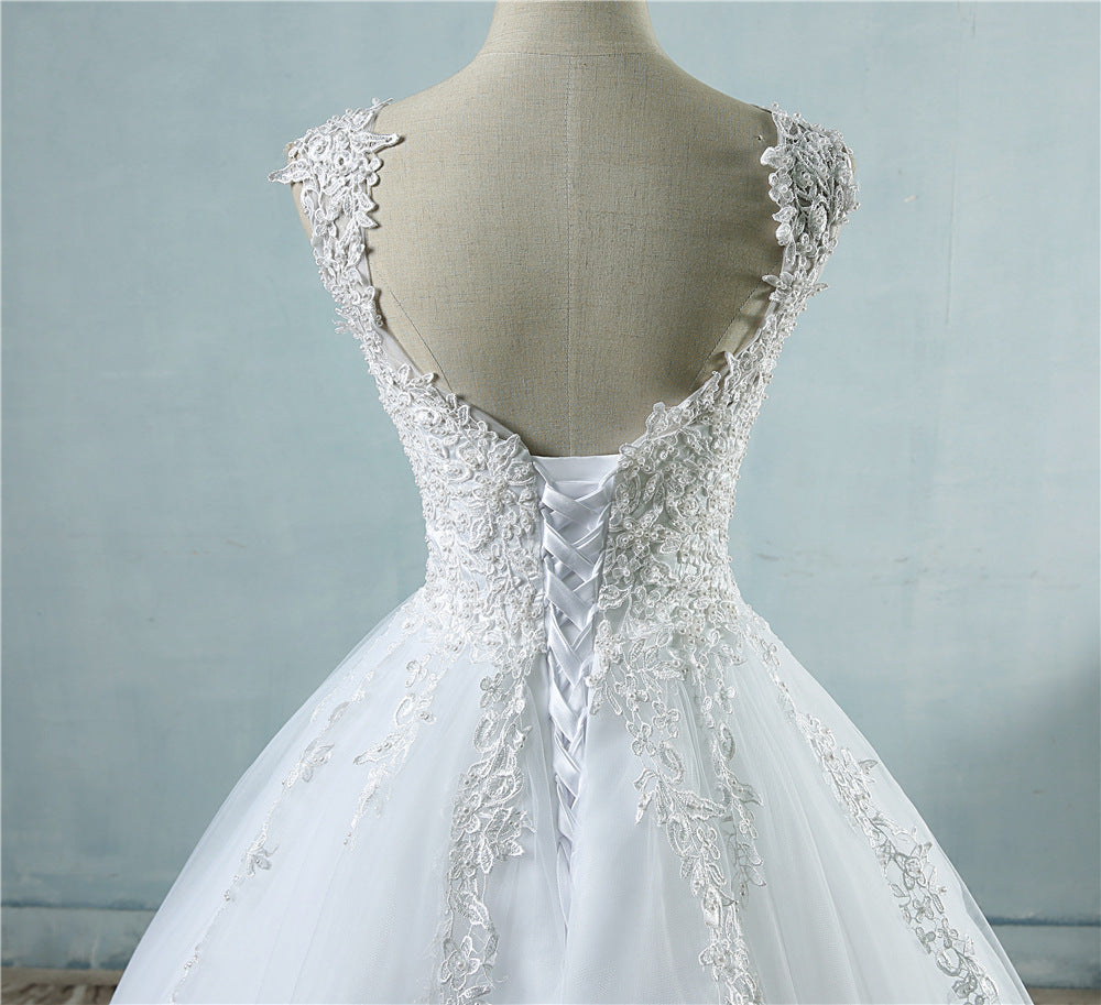 Classic 3D Floral Lace Ball Gown Wedding Dress with Illusion V-Back.