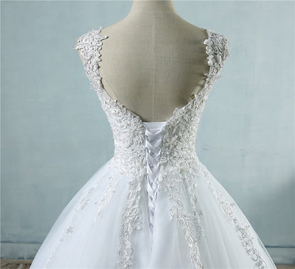 Classic 3D Floral Lace Ball Gown Wedding Dress with Illusion V-Back.