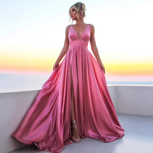 Liquid Satin V-Neck Gown - Pleated A-Line Prom Dress with High Slit