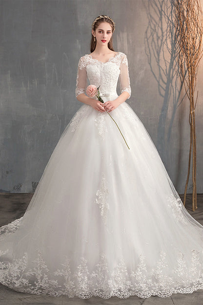 Romantic Floral Lace Appliqué A-Line Wedding Dress with Tulle Skirt.