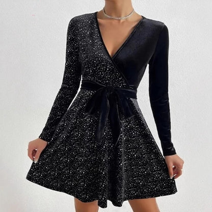 Fashionable And Elegant Long-sleeve V-neck Sequin Dress