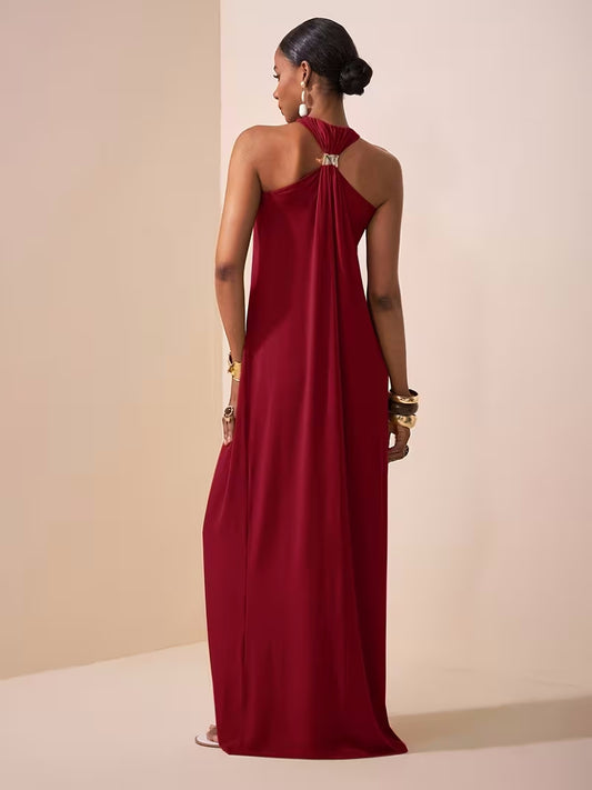 Halter Neck Draped Maxi Dress with Ring Detail