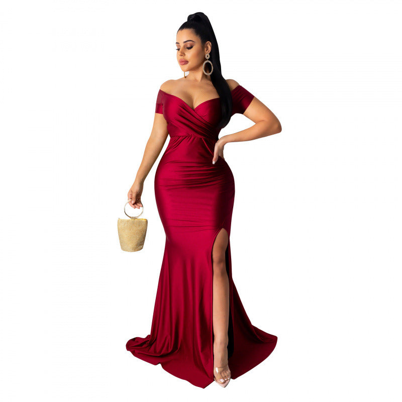 Nightclub V-neck Formal Dress In Solid Color With A High Slit And Short Sleeves