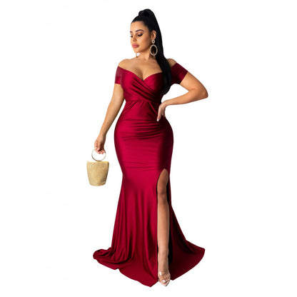 Nightclub V-neck Formal Dress In Solid Color With A High Slit And Short Sleeves