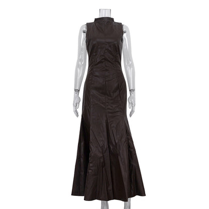 Stylish High-waisted Maxi Dress With Stand-up Collar