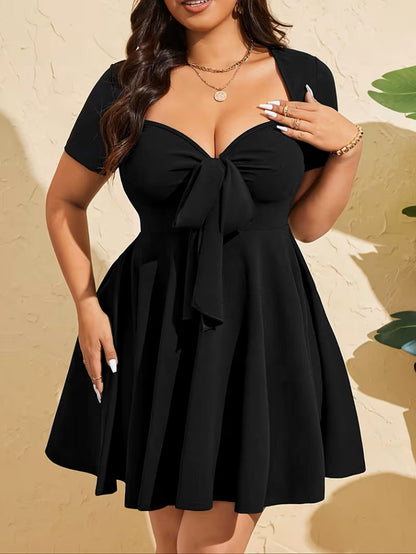 Pleated Tie-Up V-Neck Short-Sleeve A-Line Mini Dress