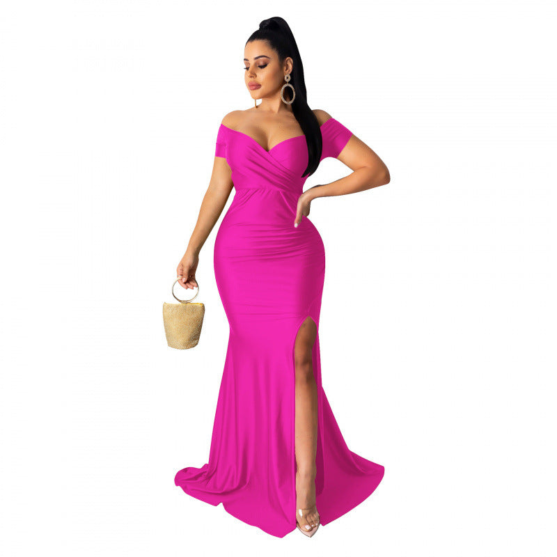 Nightclub V-neck Formal Dress In Solid Color With A High Slit And Short Sleeves