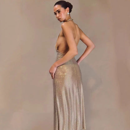 Women's Fashion Deep V-neck Prom Sequin Sling Formal Dress