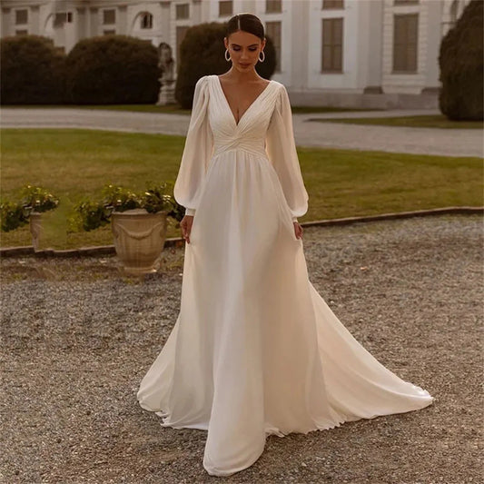 Elegant Long Sleeve Chiffon Wedding Dress - Deep V-Neck A-Line Bridal Gown.
