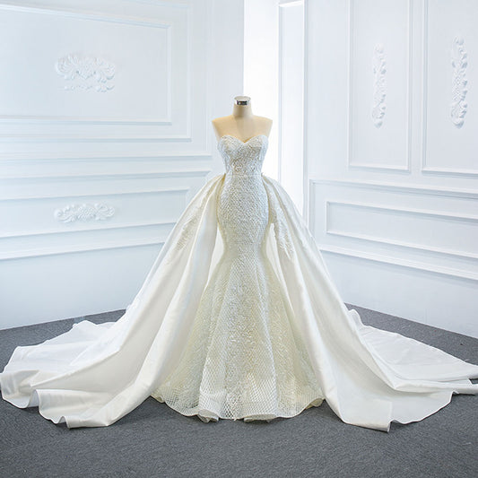 2-in-1 Convertible Mermaid Wedding Dress with Detachable Satin Overskirt.