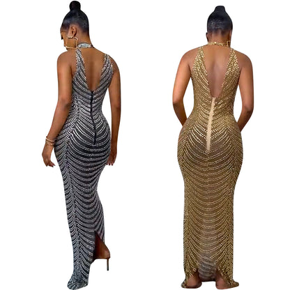 Fashionable Backless Nightclub Party Formal Dress Rhinestone See-through Dress For Women