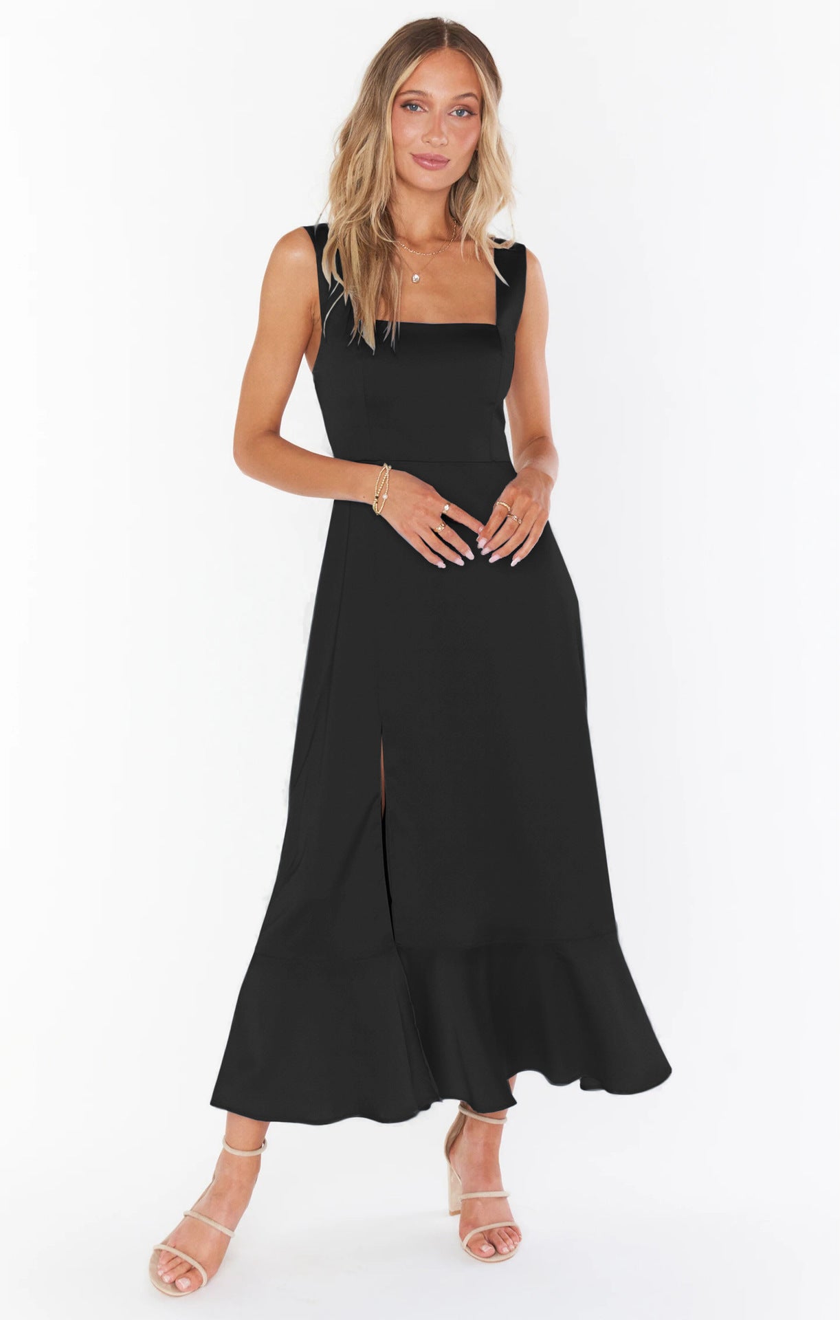 Women's Summer Elegant Square Neck Ruffle Split Midi Formal Dress