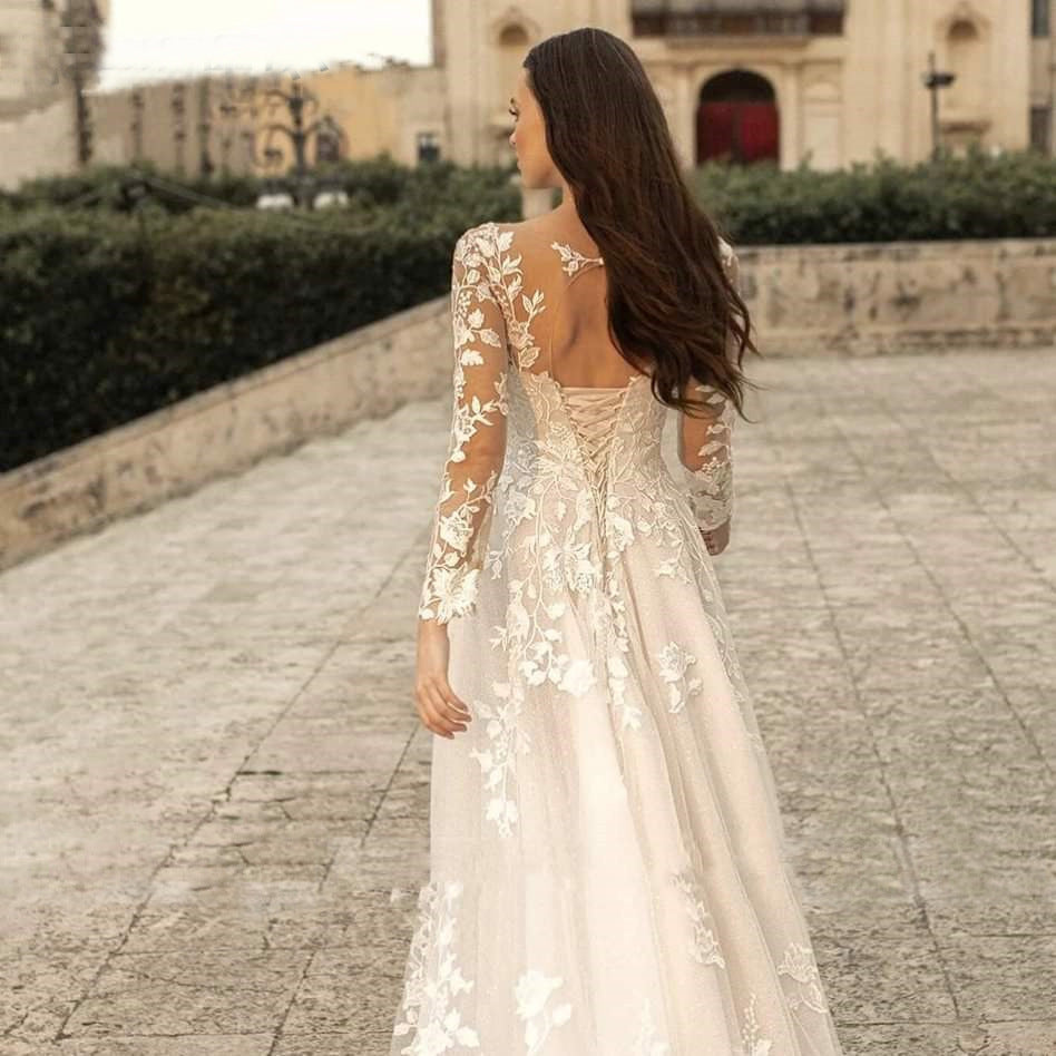 Romantic Illusion Lace Long Sleeve Wedding Dress | Tulle A-Line Bridal Gown.