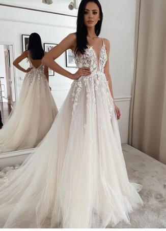 Romantic 3D Floral Lace A-Line Wedding Dress with Plunging V-Neck.