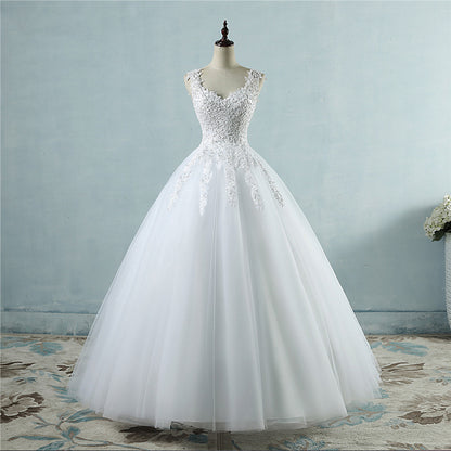 Classic 3D Floral Lace Ball Gown Wedding Dress with Illusion V-Back.