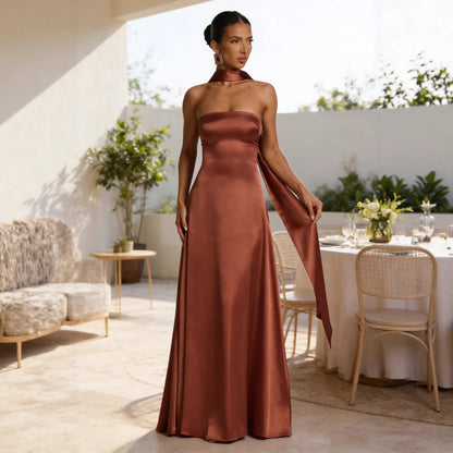 Strapless Satin Evening Gown with Matching Neck Scarf - Backless Maxi Dress