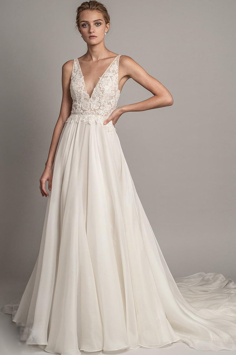 Women's Deep V Neck Lace Long Simple Lawn Wedding Dress