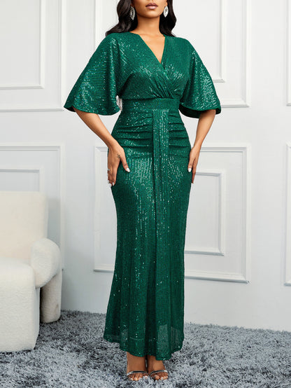 High Waist V-neck Pure Color Sequins Shoulder Sleeve Women's Long Formal Dress