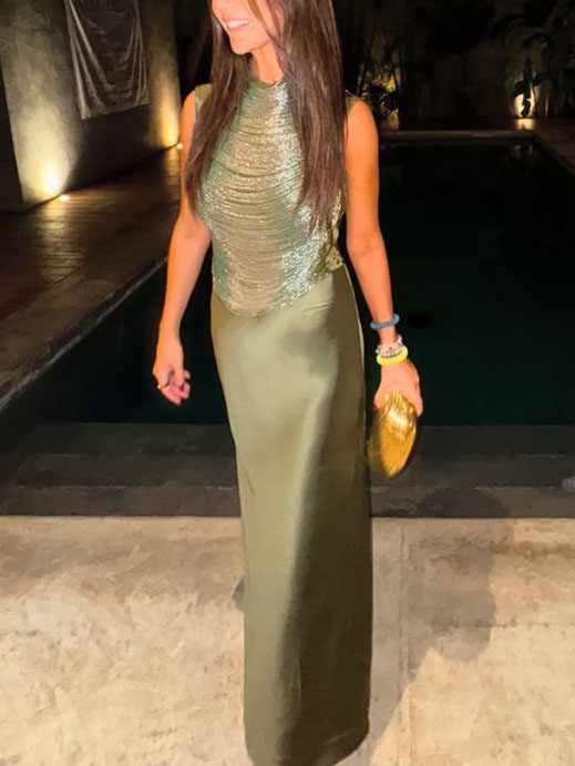Elegant Sleeveless Tassel-trimmed Zippered Satin Fishtail Maxi Dress Set