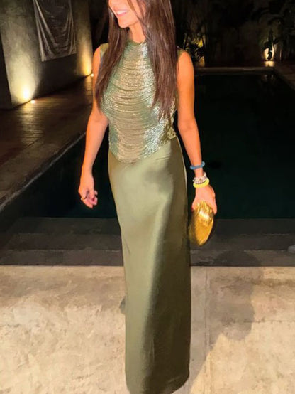 Elegant Sleeveless Tassel-trimmed Zippered Satin Fishtail Maxi Dress Set