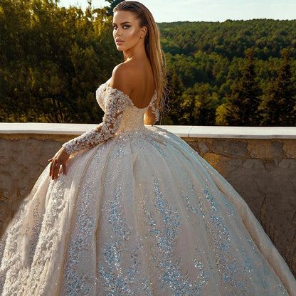 Fashion Shiny Long Sleeve Ball Gown Fitted Waist Backless Sequin Wedding Dress