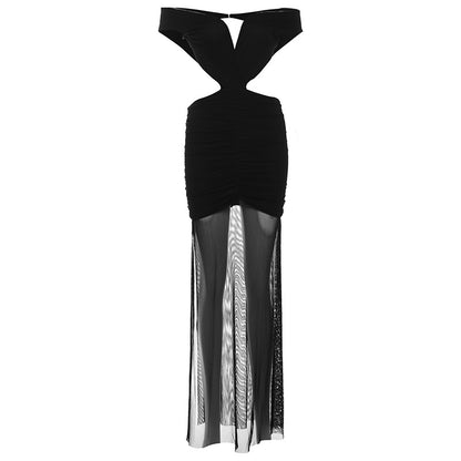 Sexy Chica Mesh Pleated Patchwork V-Neck Backless Dress