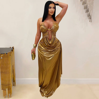 Chic And Elegant Pleated Off-shoulder Dress With A Gold Chain Neck Strap