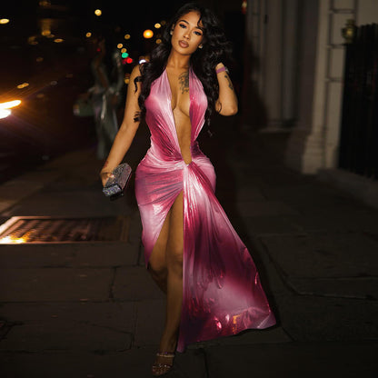 Womens Deep-V Sleeveless High-Waisted Asymmetrical Split Dress