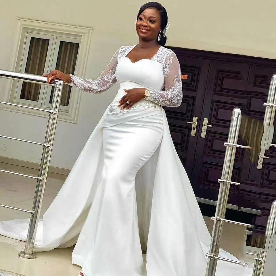 2-in-1 Satin Mermaid Wedding Dress with Detachable Overskirt and Train.