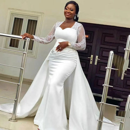 2-in-1 Satin Mermaid Wedding Dress with Detachable Overskirt and Train.