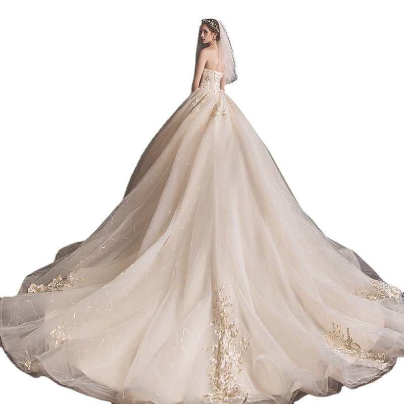 Champagne Mori Girl Tulle Ball Gown - Strapless Floral Wedding Dress.