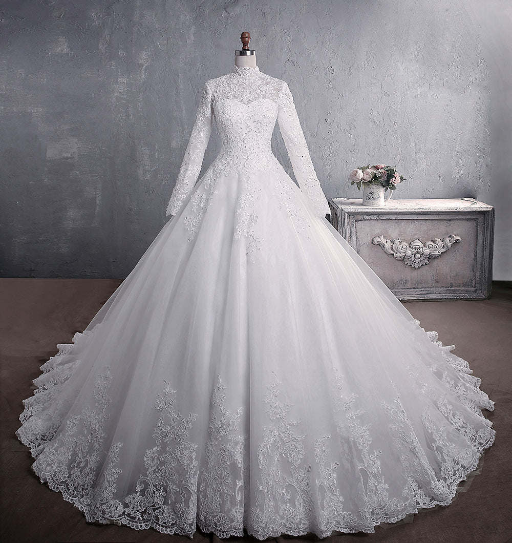 Luxury Lace Ball Gown Wedding Dress - High Neck Long Sleeve Bridal Gown.