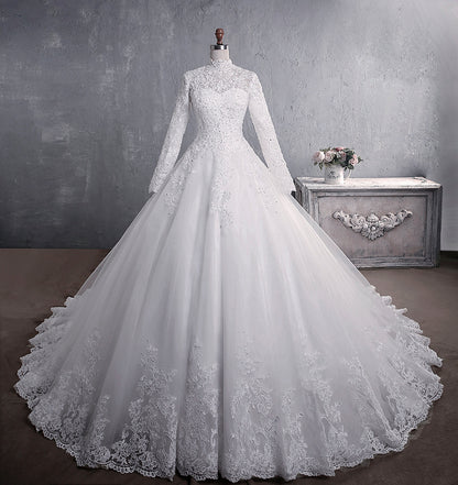Luxury Lace Ball Gown Wedding Dress - High Neck Long Sleeve Bridal Gown.