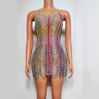 Colorful Drill Chain Dress Performance Costume Party Evening Dress