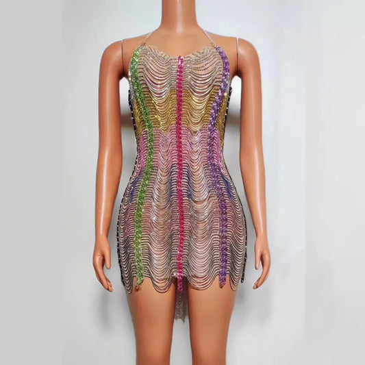 Colorful Drill Chain Dress Performance Costume Party Evening Dress
