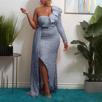 Fashion New One Shoulder Sequin Formal Bridesmaid Party Long Dress