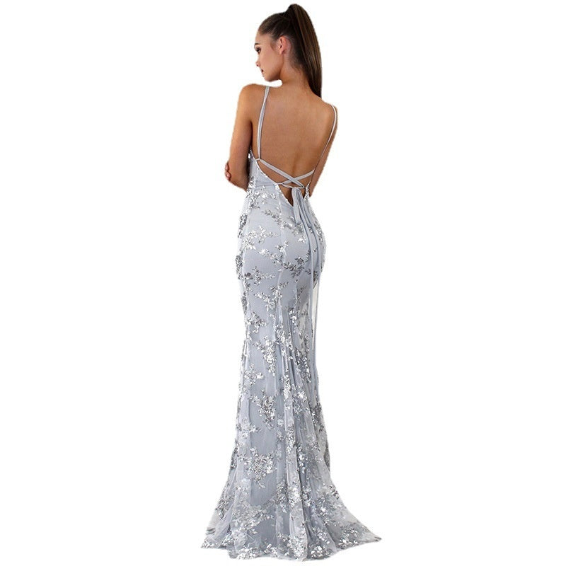 V-neck Brace Backless Sequined Long High Waist Wedding Prom Bridesmaid Maxi Dress