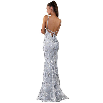 V-neck Brace Backless Sequined Long High Waist Wedding Prom Bridesmaid Maxi Dress