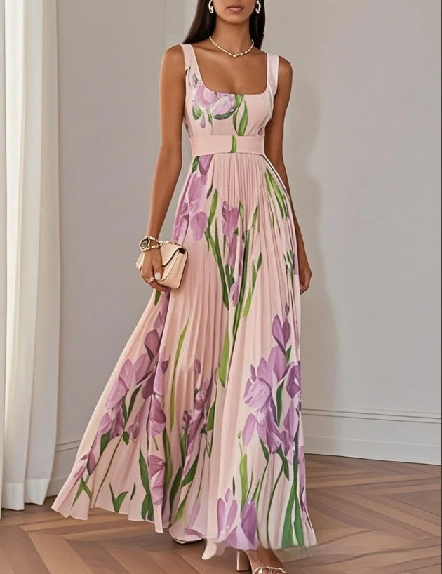 Sleeveless Formal Pleated Printed Dress