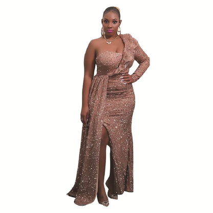 Fashion New One Shoulder Sequin Formal Bridesmaid Party Long Dress