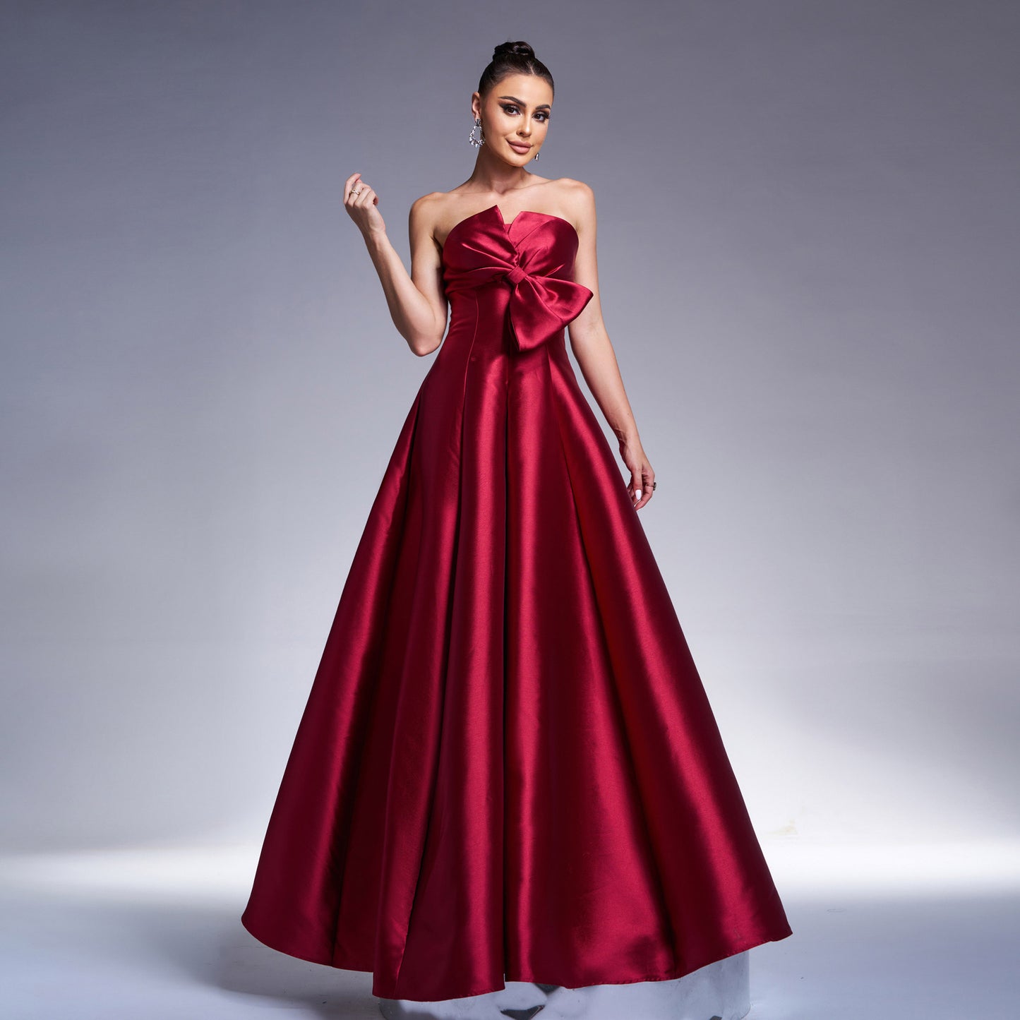Elegant Long Formal Red Dress With Bow