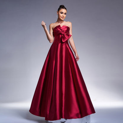 Elegant Long Formal Red Dress With Bow