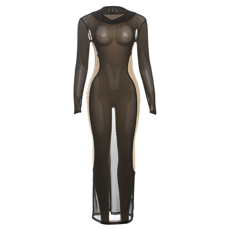 New Autumn Fashionable Sexy Mesh Sheer Color-Block High-Waist Bodycon Dress For Curvy Women