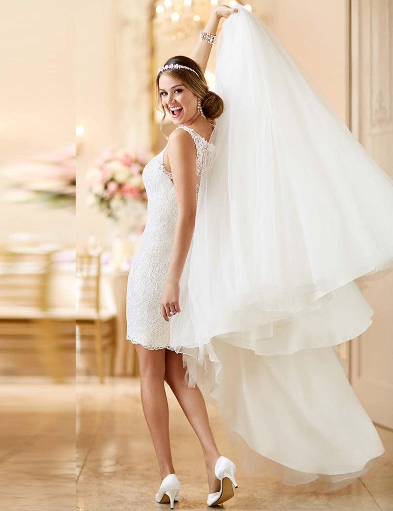 2-in-1 Convertible Wedding Dress with Detachable Tulle Ball Gown Skirt.